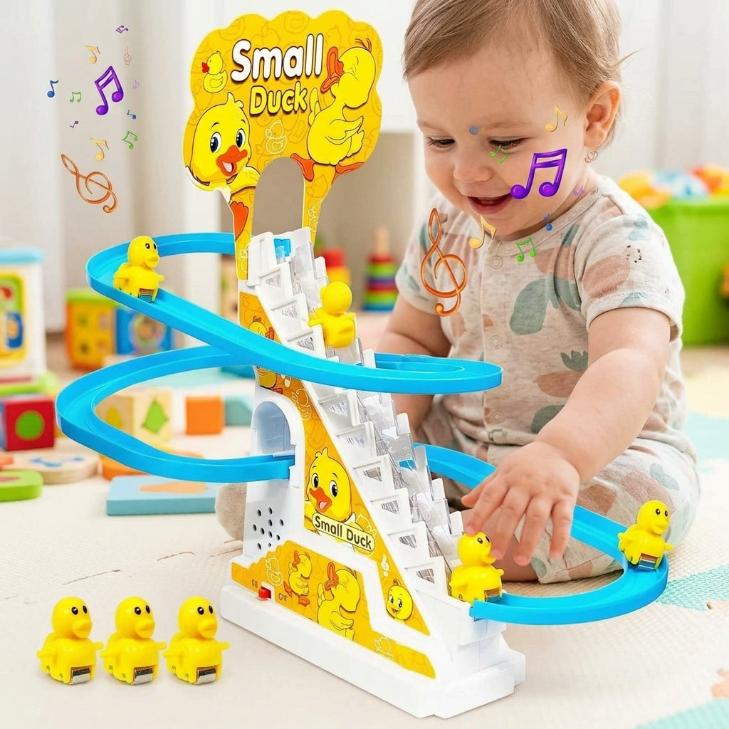 Toddler playing with the electric duck stair climbing slide set